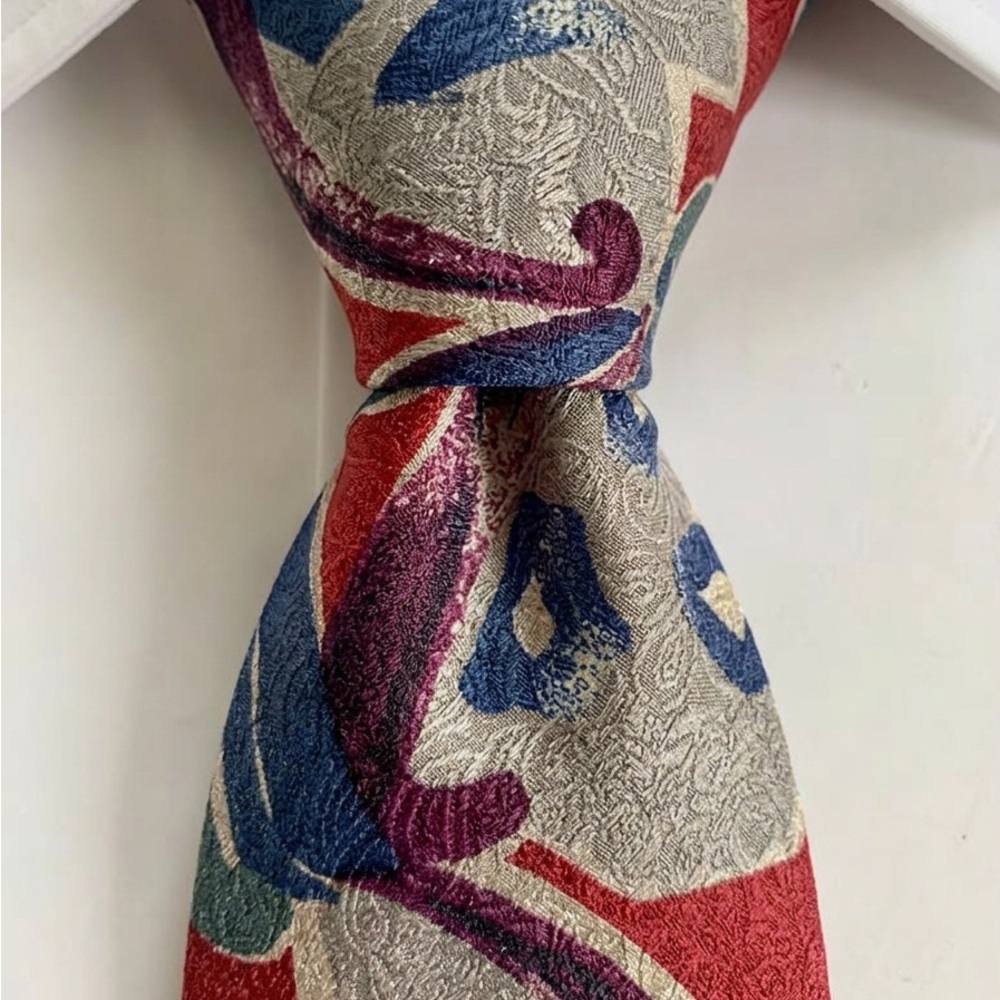 Vintage Biella Silk Mens Necktie- Blue, Burgundy & Grey